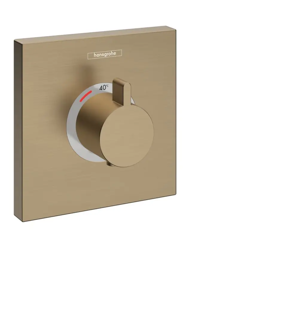 Thermostat von Hansgrohe mit Drehknopf zur Temperaturregulierung, montiert auf einer quadratischen Metallplatte in Brushed Bronze. Temperaturanzeige bis 40°C.